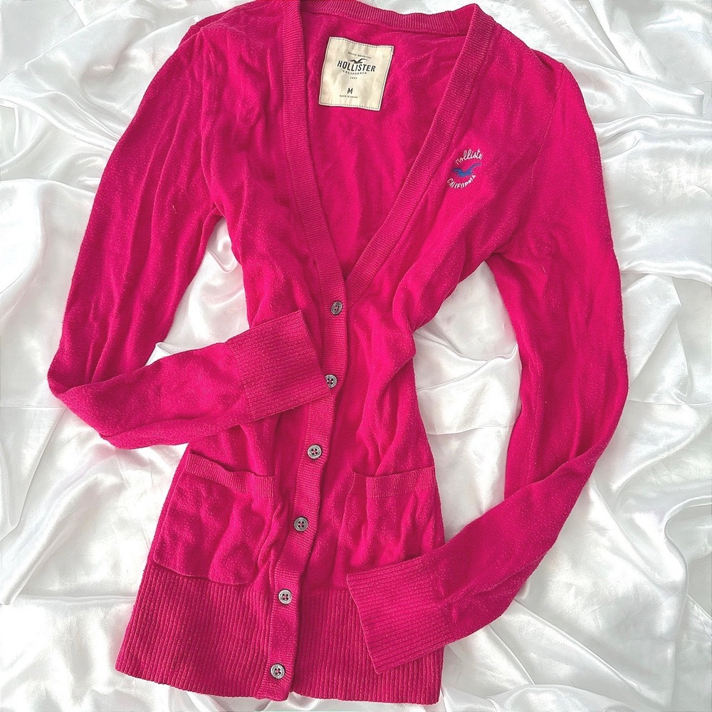Hollister Hot Pink Longline Button Front Cardigan Sweater Logo Pockets M